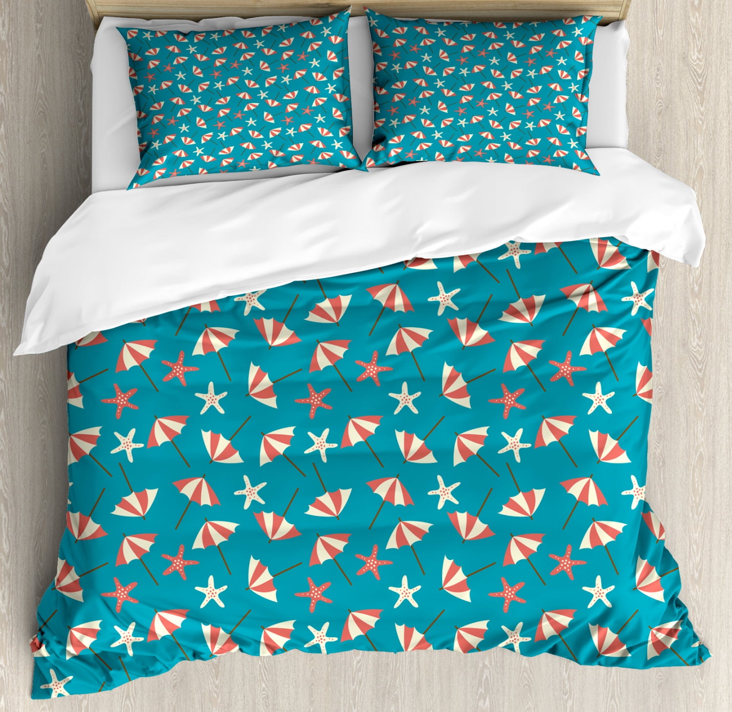 Summer Duvet Cover Set King Size, Holiday Theme with Beach Umbrellas