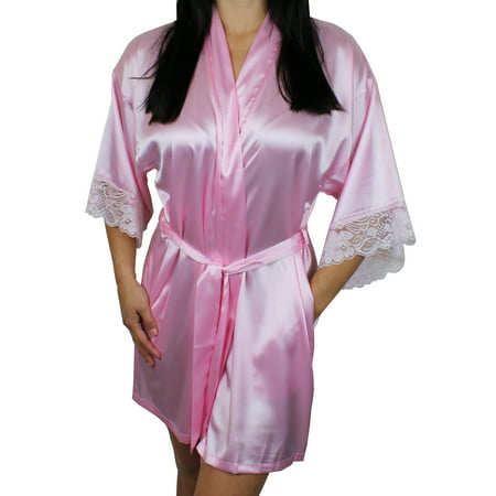 Ms Lovely - Women's Satin Kimono Bridesmaid Short Robe Lace Trim ...