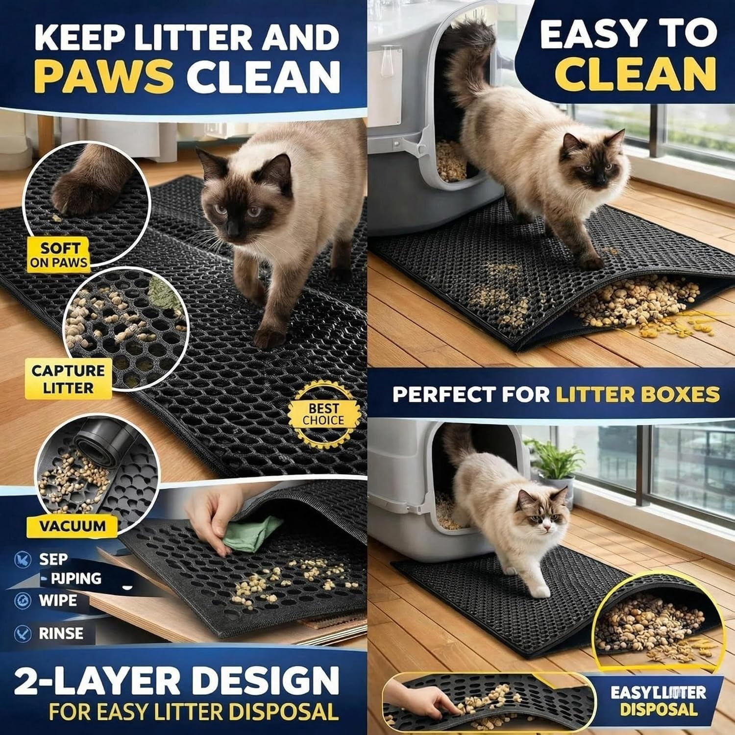 Cat Litter Mat Double Layer Litter Trapping Mat, Non-Slip Waterproof Urine Proof Easy Clean Kitty Litter Box Mat for Pet Floor Scatter Control (Black,30x22in-1 Pieces)