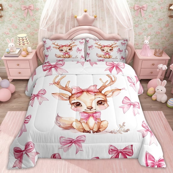 Erosebridal Girly Pink Bow-Tie Bedding Sets Twin with Comforter for Kids, Deer Elk Wildlife Bedding Comforter Set, Pink Reversible, 2pcs