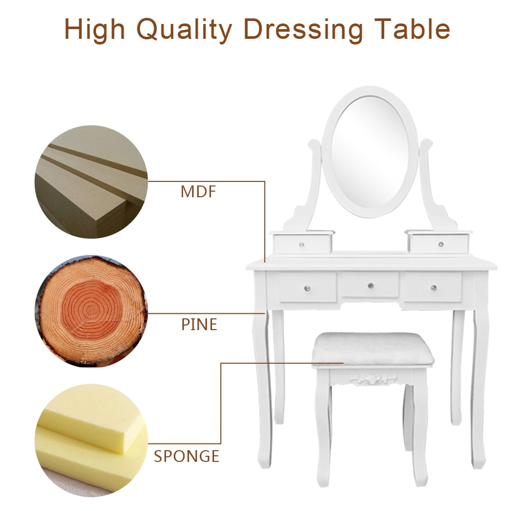 Lowestbest Vanity Table Set, Dresser Table with 360°Rotation Single Mirror 5 Drawers, White Lowestbest Vanity Table Set, Dresser Table with 360°Rotation Single Mirror 5 Drawers, White