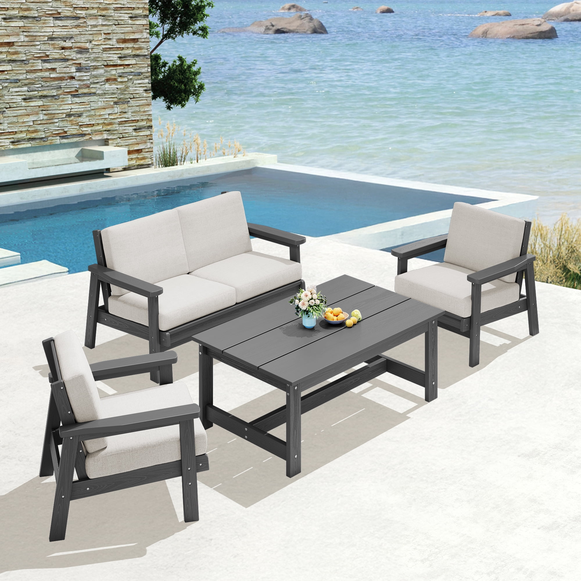 SERWALL Outdoor Patio Coffee Table, 37.8" x 22.8" HDPE Weatherproof, Grey
