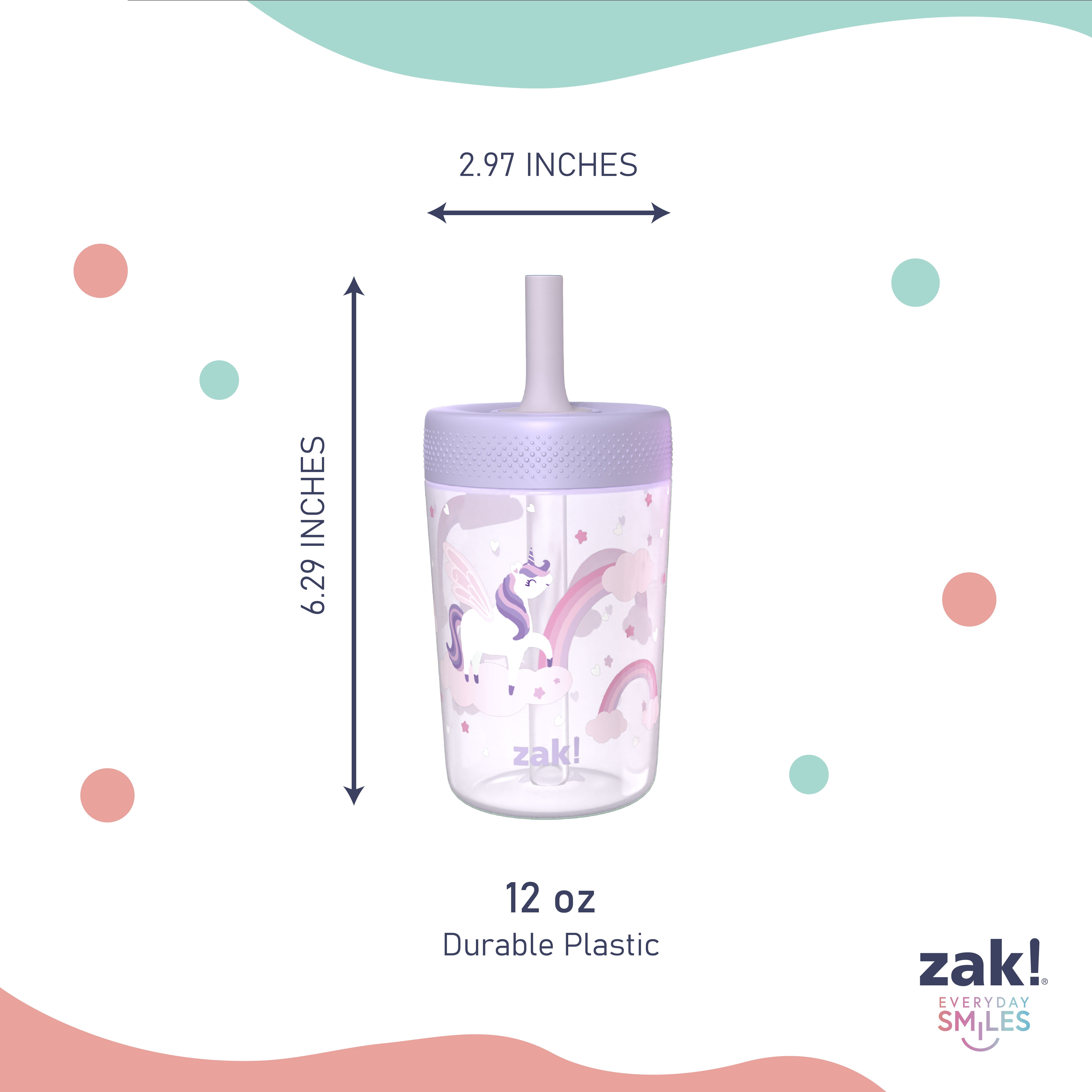 Zak Designs 12oz Rainbow Magic Durable Plastic Capri Tumbler with Straw, 2 Pack