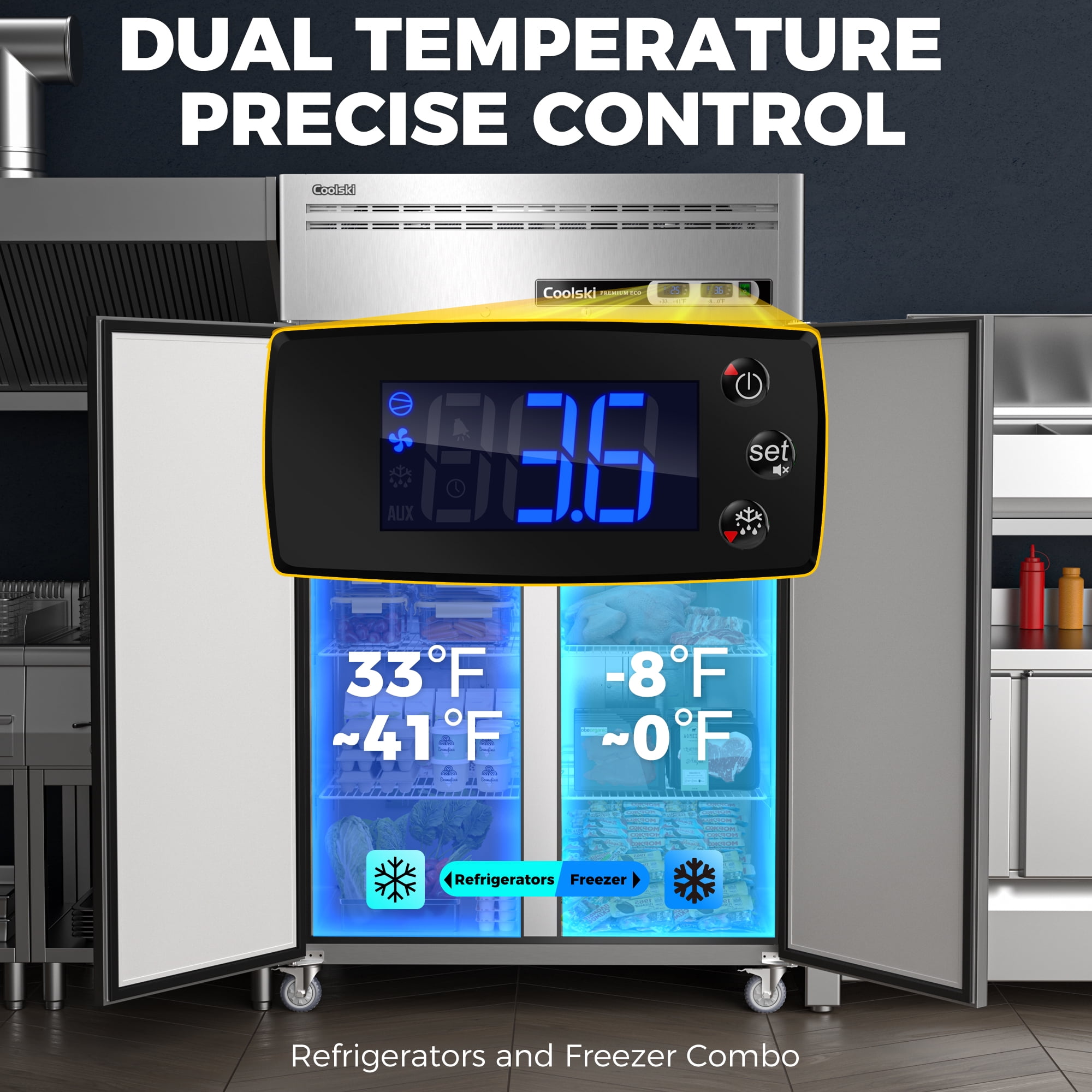 Coolski 48" Upright Refrigerator Freezer Combo, 36 Cu.ft 2-Door Cooling Appliance for Restaurants