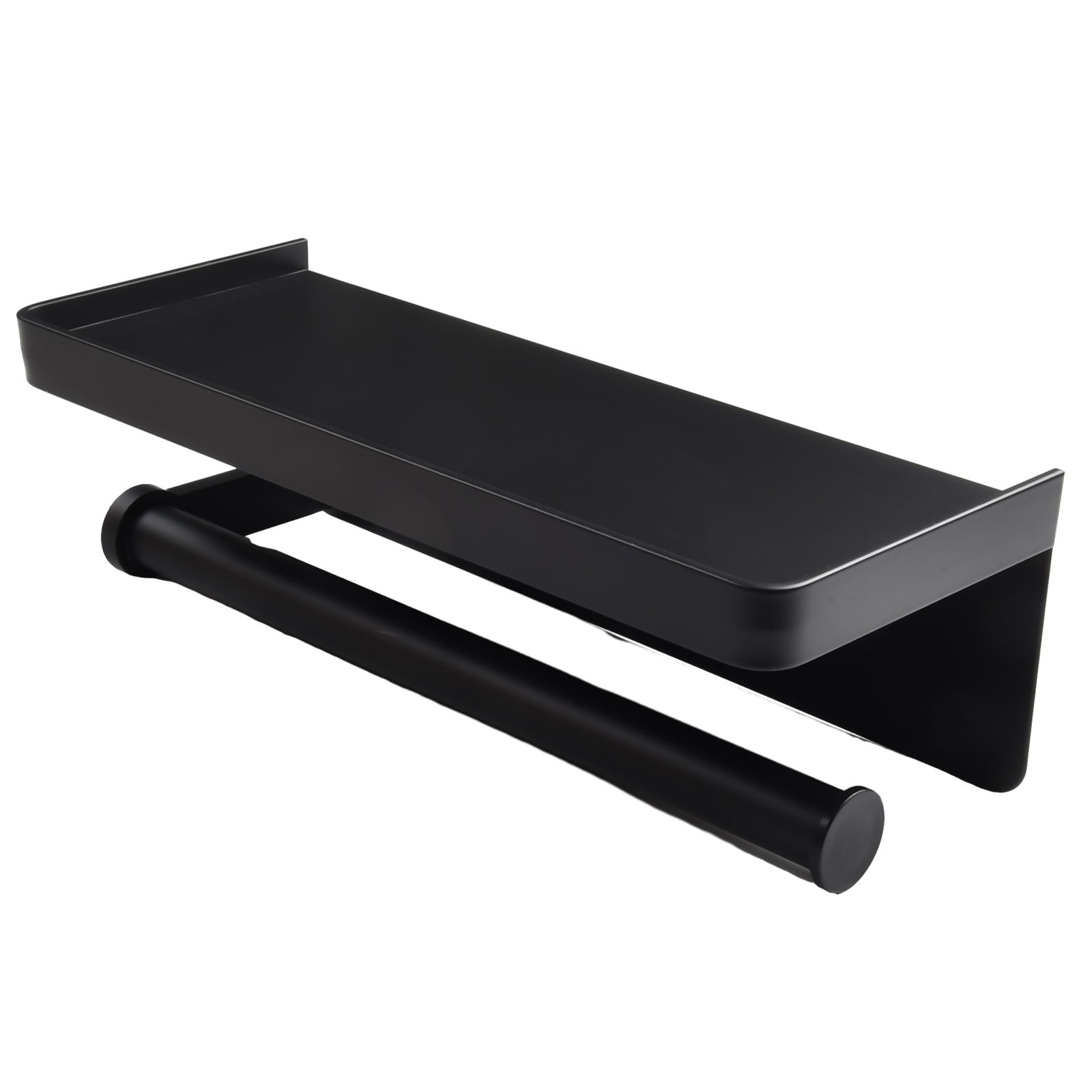 Paper Towel Holder Wall Mounted for Kitchen 11", Bathroom Tissue Roll Hanger with Storage Shelf, Adhesive Hand Towel Holder, Matte Black
