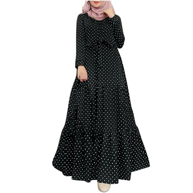 Robe Maxi d'Automne pour Femme à Manches Longues, Imprimé Bohème à Pois, Longue Robe Plissée à Étages Fluide, Robe Trapèze avec Ceinture