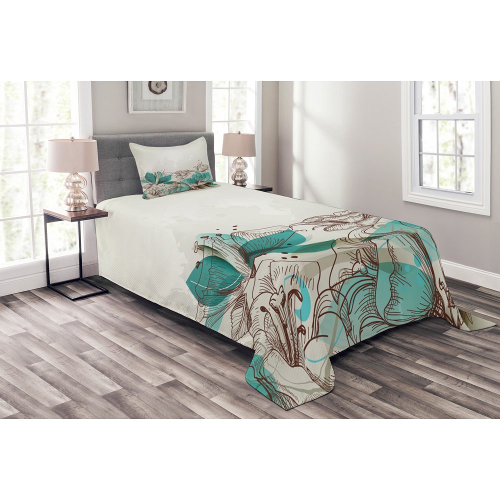 Turquoise Bedspread Set Twin Size, Retro Floral Background with