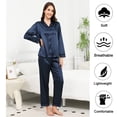 thumbnail image 5 of Luxury Women's Silk Satin Pajama Set - Long Sleeve Lace Trim Lapel Sleepwear Nightwear Loungewear, Navy Blue, L, 5 of 10