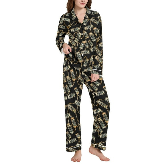joogoo Pajamas Set for Women One Hundred Dollar Bills with Chain Long Sleeve Pjs Loungewear L
