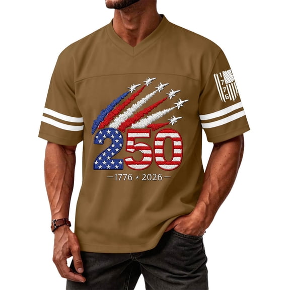 Men's 250th Anniversary Patriotic T-Shirts V Neck Jersey 1776-2026 American Flag Tee Aircraft Trail Short Sleeve Shirt Brown 3XL