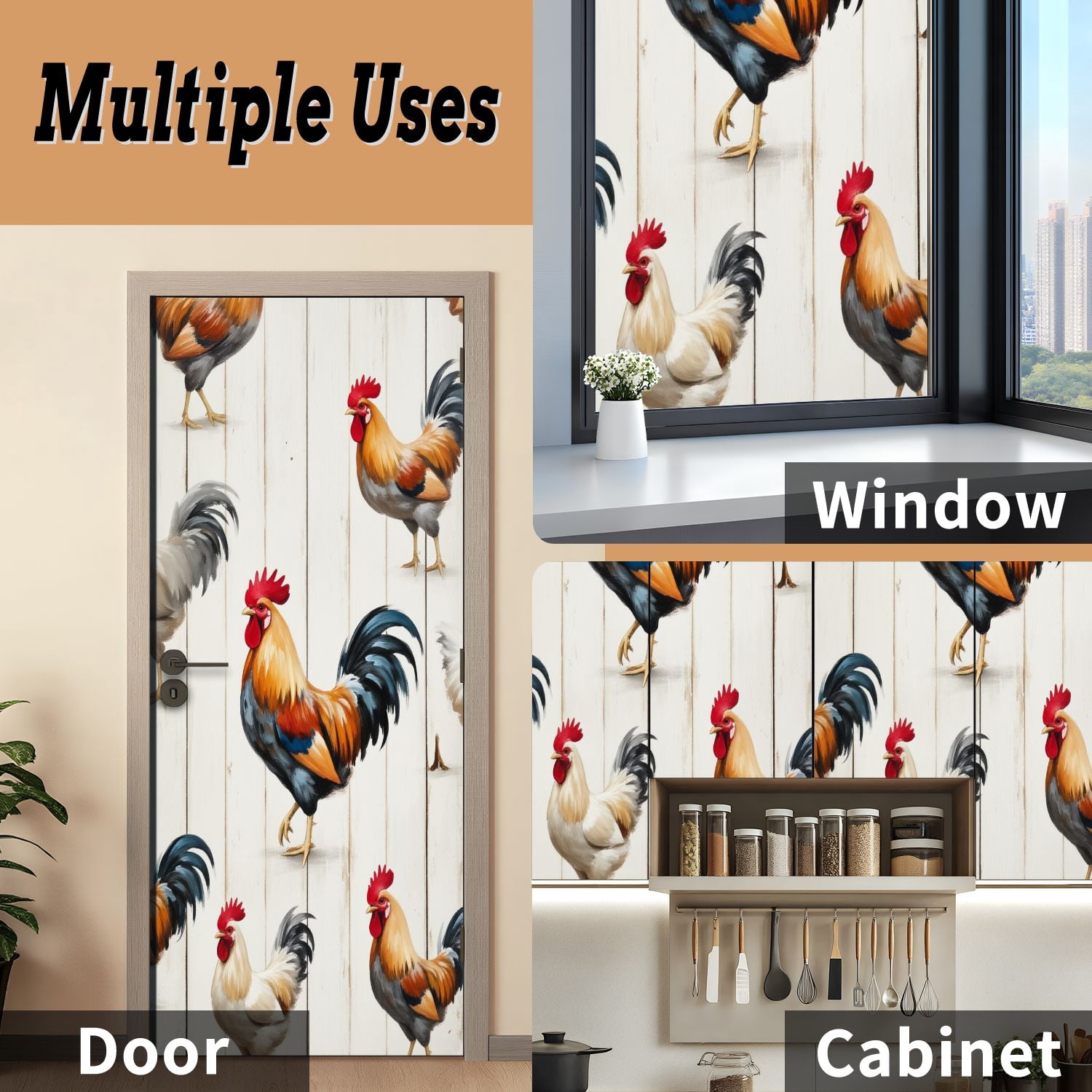 Self Adhesive Vinyl Refrigerator Wrap Set Colorful Roosters Artistic Brushstroke Style Rustic Wood Door Mural Removable Fridge Sticker Peel and Stick&nbsp;Full Door Cover Decal Kitchen Bar Decor
