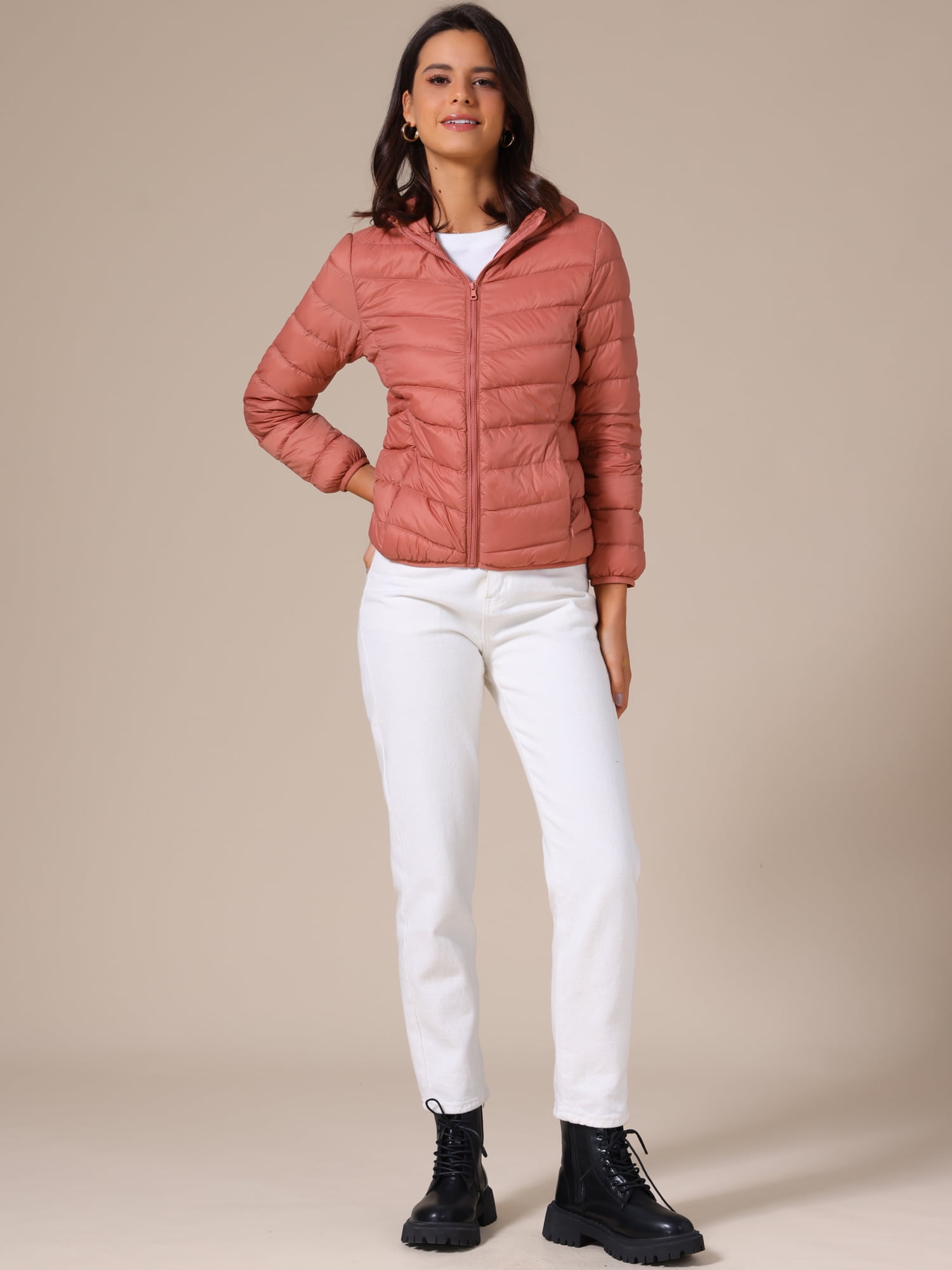 DARING DIVA Women's Hooded Packable Puffer Jacket L Grey Pink