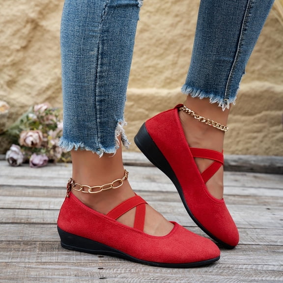 Viluyesy Womens Ballet Flats, Low Wedge Heels Comfortable Strap Soft Sole Casual Work Office Shoes Red US7.5