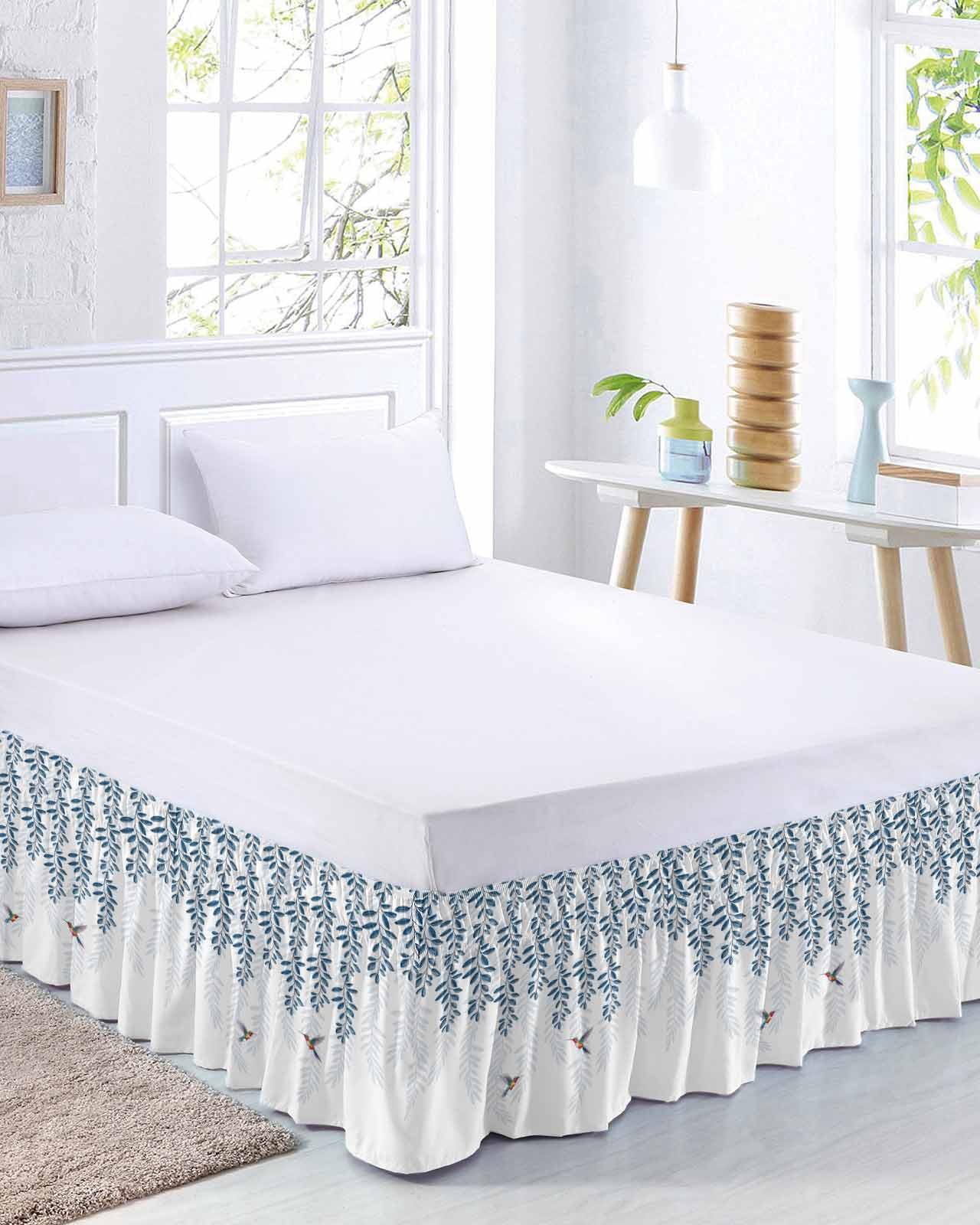 Blue Botanical Bed Skirt King Size, Pastoral Spring Floral Summer Birds Wrap Around Bed Skirting with Adjustable Elastic Strap, Dust Ruffled Pleated Bedskirts 18 Inch Drop for Bedroom King Beds