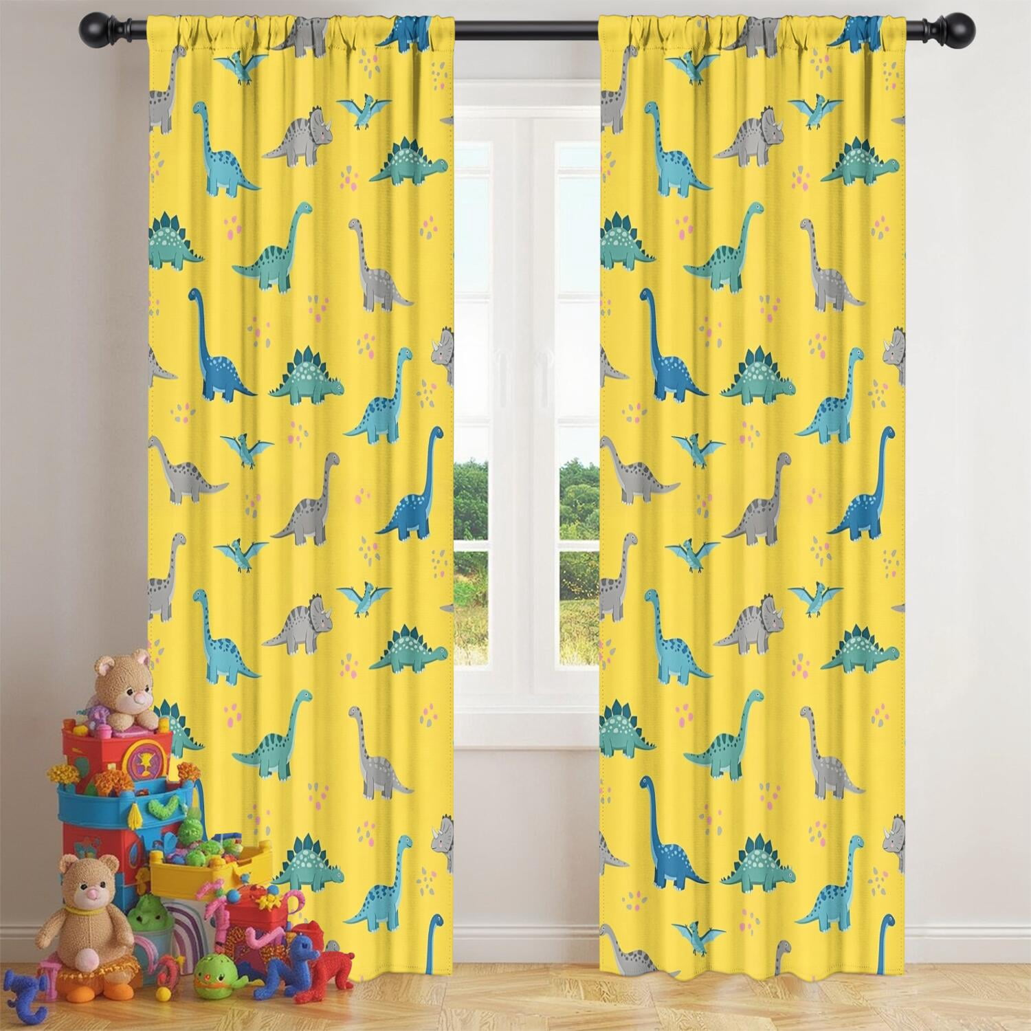 Blackout Kids Curtains,Yellow Cartoon Dinosaurs Pattern Childrens Insulated Curtains Set Of 2,Bedroom Essentials,Toddler Room Decor 42"x84"