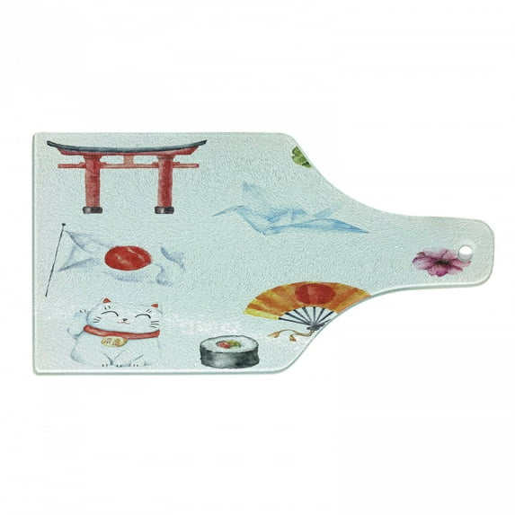 Japanese Cutting Board, Hand Drawn Traditional Elements Watercolors Torii Gate Origami Bird Flag Lacky Cat, Tempered Glass Cutting and Serving Board, Wine Bottle Shape, Multicolor, by Ambesonne