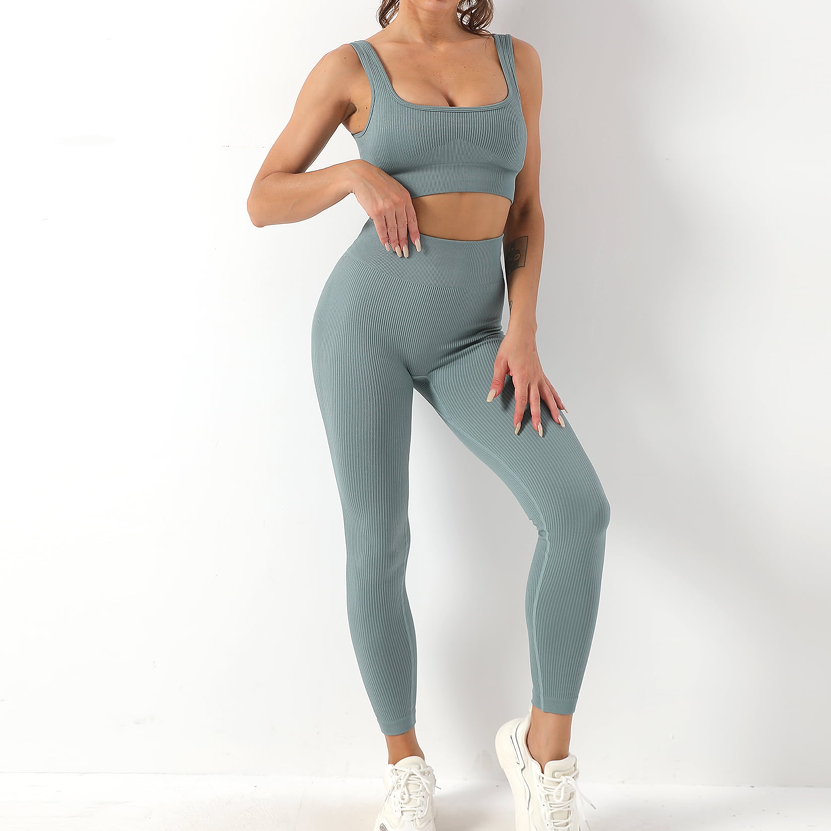 SOLY HUX Women's Workout Sets 2 Piece Yoga Outfit Crop Cami Top and  Leggings Set Solid Light Grey Petite XXS
