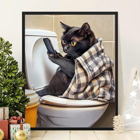 Kna Prints - Hilarious Black Cat On Toilet Poster Funny Bathroom Decor Cat With Phone Wall Art Hum.Orous Animal Print Cat Lovers Gift Unframed Poster, UNFRAMED-8x12