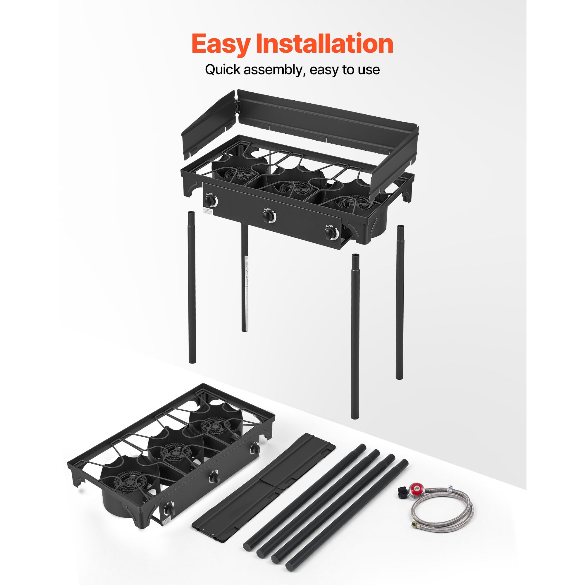 KFFKFF 3-Burner Outdoor Propane Gas Stove, 225,000 BTU LPG Camping Cooker, Durable Carbon Steel Design with Shield, Tall Stand, and Regulator, Ideal for BBQs, Camping, Patios, and Backyards