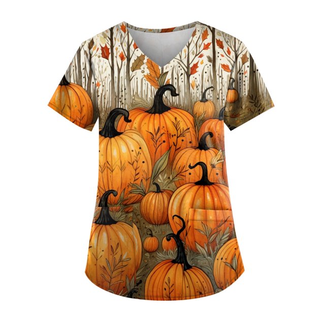 LINMOUA Plus Size Halloween Printed Working Uniform Tops For Women V-Neck Short Sleeve T-Shirts Workwear Tee With Pockets