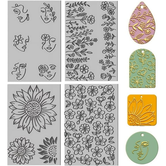 4PCS Polymer Clay Texture Sheets Plants and Flowers Texture Stamp Clear Clay Texture Sheets Polymer Clay Texture Mat Flower Pattern Pad for Making Earrings Jewerly 4x2.6inch Mixed Color