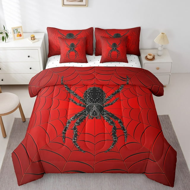 Ensemble de Literie Araignée Halloween 7 Pcs Réversible Taille Simple Lit en Sac avec Couette, Décorations Draps Toiles d'Araignée Noires Halloween, Ensembles de Literie Toile d'Araignée Gothique Vintage