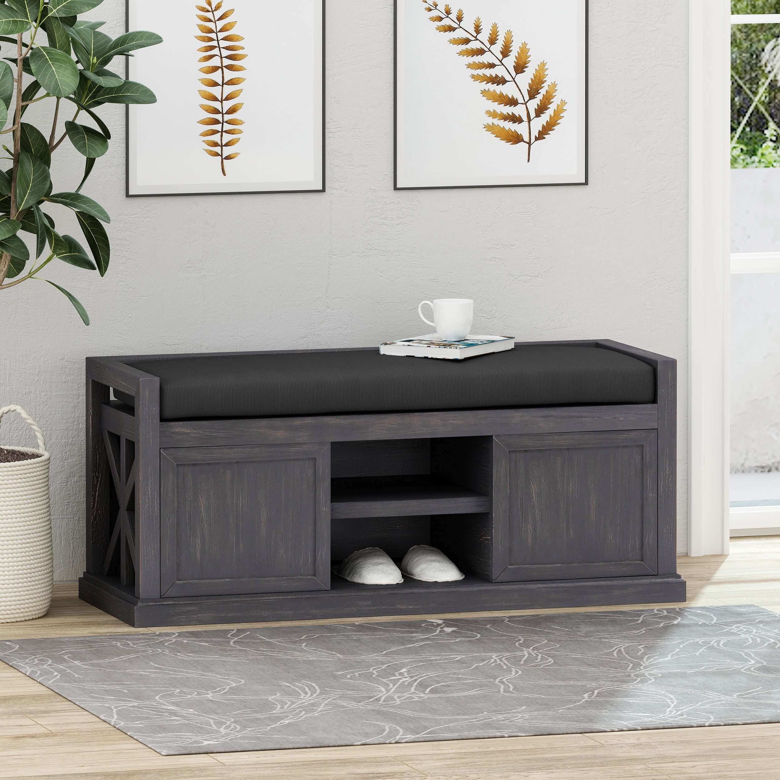 Noble House Tessa Modern Acacia Wood Storage Bench with Cushion, Sandblast Dark Gray, Black