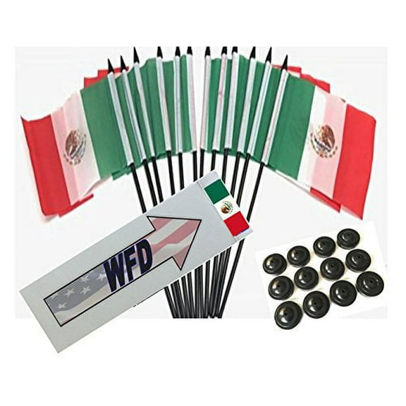 Box of 12 Mexico 4"x6" Polyester Miniature Desk & Little Table Flags, 4x6 Mexican Small Mini Hand Waving Stick Flags with 12 Flag Bases (Stands)
