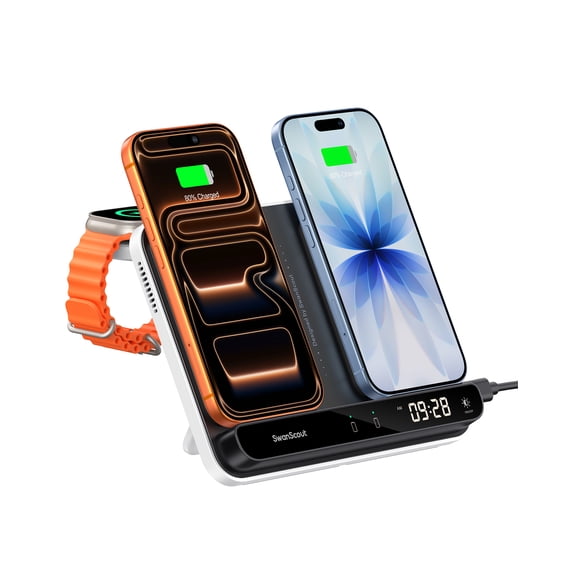 Dual Phone Charger, SwanScout 710A, Wireless Charger for iPhone 16/15/14/13/12/11/8/X Series, for Apple Watch 10/9/8/7/6, Ultra 2/Ultra, for AirPods 4/Pro 2/Pro/3