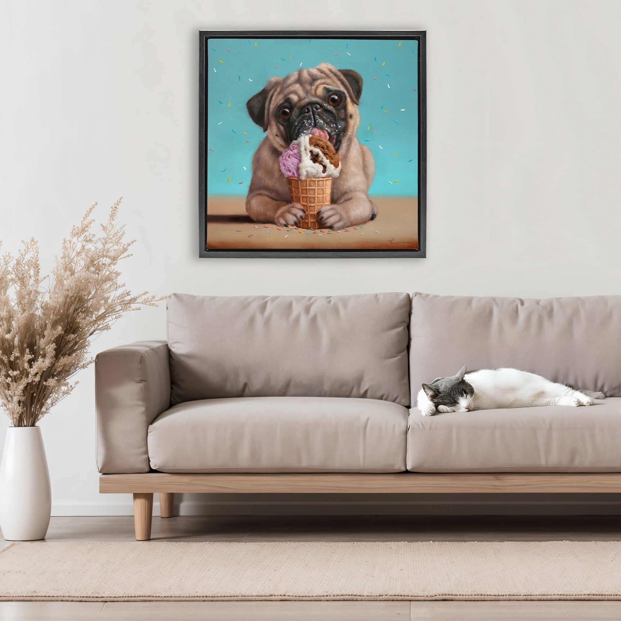 Neapawlitan Ice Cream & Dog Black Framed Floater Canvas Wall Art, design by Lucia Heffernan