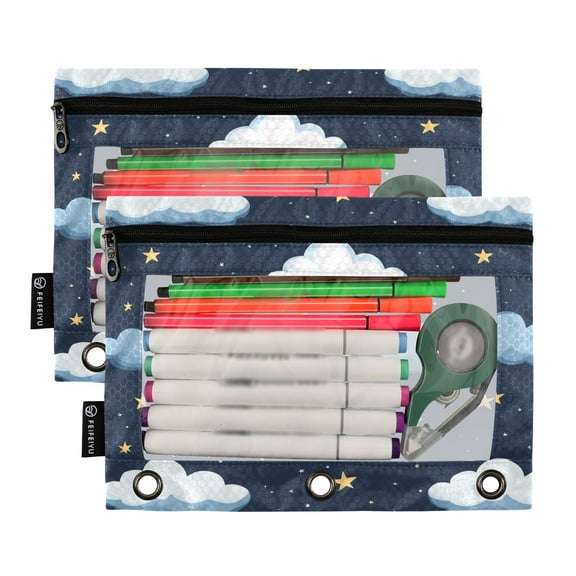 Ckdifva Clouds Stars Pencil Pouch 3 Ring Zipper Pencil Case Binder Pockets Clear Top Cosmetic Bag 2 Pack