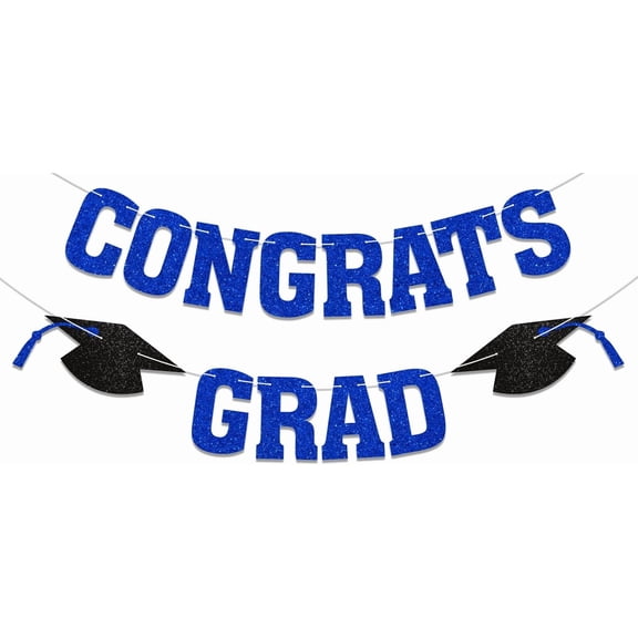 Pre-Strung Congrats Grad Banner - Blue Glitter Graduation Party Decorations- We're So Proud of You, Congrats Class of 2024 Grad Party Decorations (Blue)