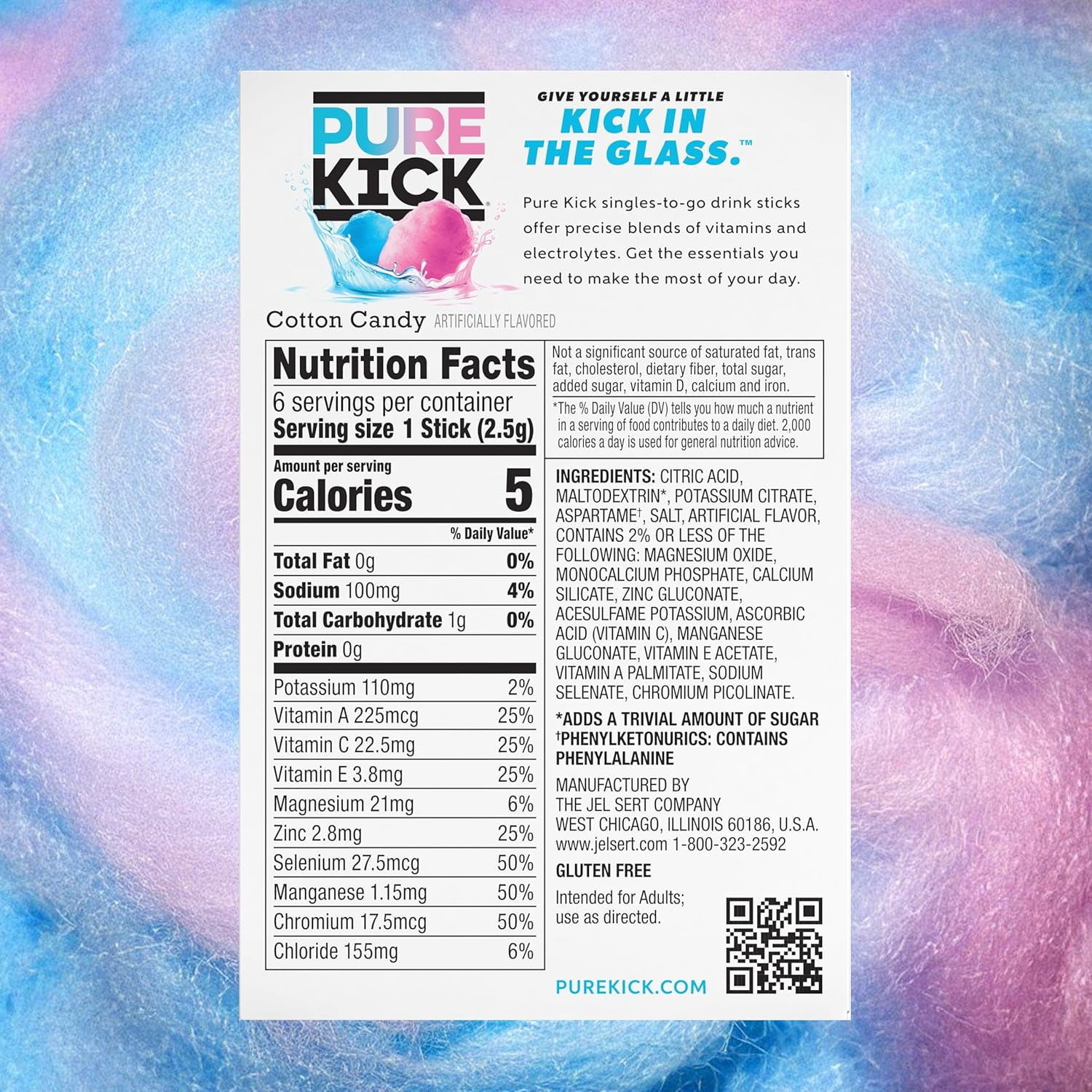 (6 pack) Pure Kick Cotton Candy, Hydration Electrolyte Powdered Drink Mix, 6 Count Packets