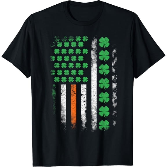 Men's 100% Cotton T-Shirt 180gsm - US American Flag With Shamrocks For St Patricks Day T-Shirt, Black Comfortable Breathable Soft Tee, Gift for Men