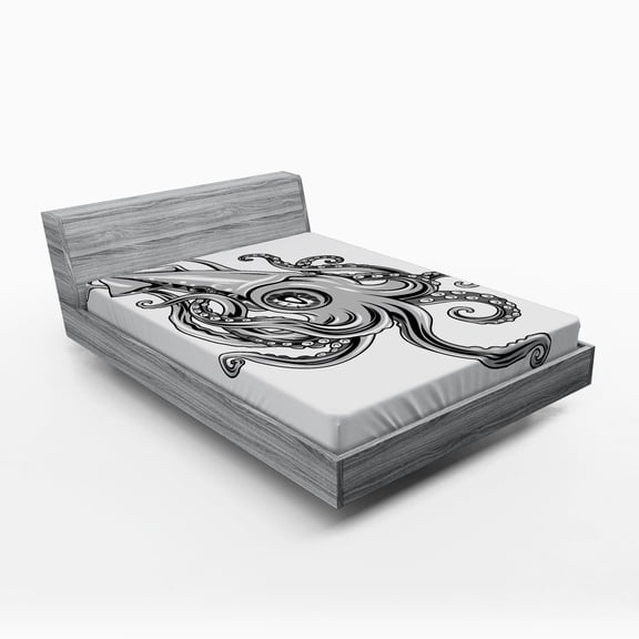 Kraken Fitted Sheet, Squid Fish with Fins Sea Animal Cuttlefish Underwater Alien Artisan Design Print, Soft Decorative Fabric Bedding, Full Size, Grey, by Ambesonne