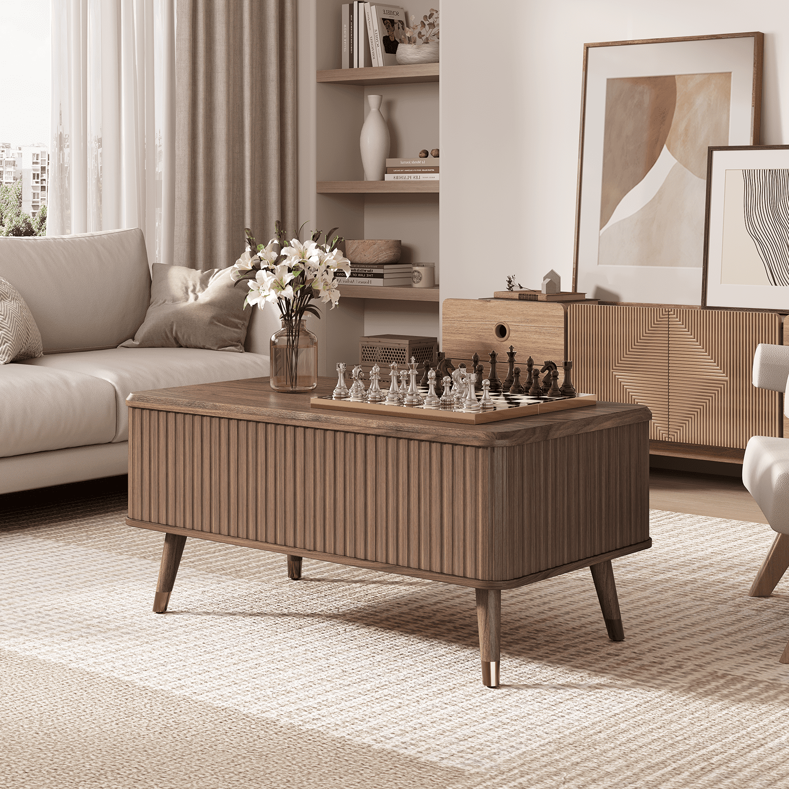 JOINICE Lift Top Coffee Table with Storage,Mid Century Modern Fluted Rectangle Center Table for Living Room,Walnut