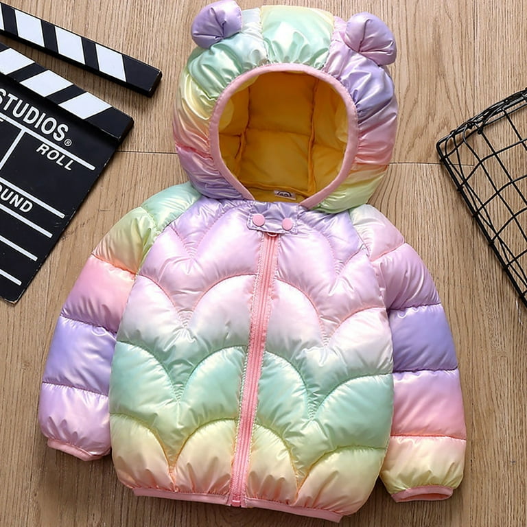 URMAGIC Toddler Kids Little Girls Winter Warm Long Sleeve Rainbow Hoodie  Down Jacket Coat,0-6 Years 