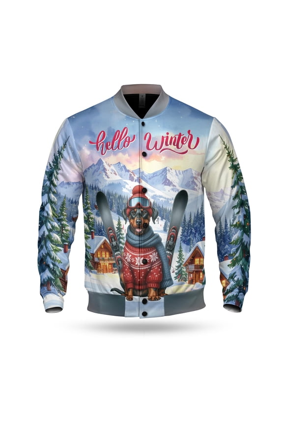 Hello Welcome Winter The Ski Doberman Pinscher Snowy Day All Over Print 3D Baseball Jacket Doberman Dog Lover Gifts Bomber Jacket Softball - 13013