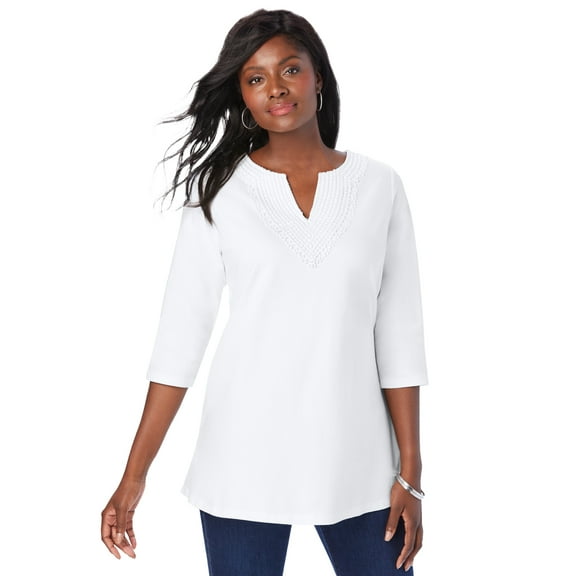 Jessica London Women's Plus Size Stretch Cotton Crochet Notch Neck Tunic