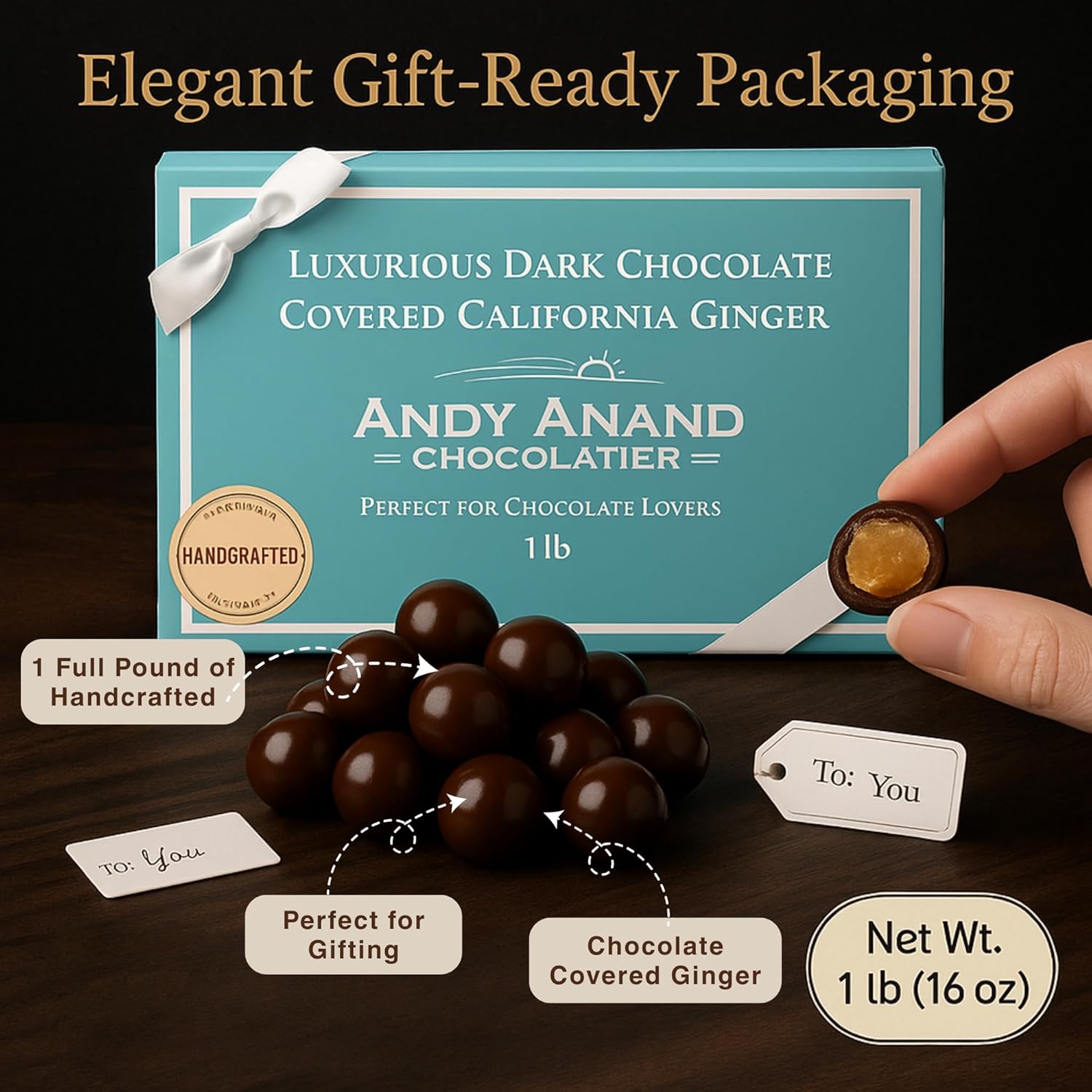Andy Anand California Dark Chocolate Covered Ginger 1 lbs For Gourmet Christmas Food Birthday, Fathers Day, Get Well, Shipped 2nd Day Air