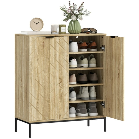 HOMCOM 15 Pairs Shoe Storage Cabinet with Doors, Adjustable Shelves, Oak