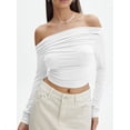 thumbnail image 2 of Michellecmm  Women Off Shoulder Crop Tops Long Sleeve Solid Color Ruched T-Shirts, 2 of 7