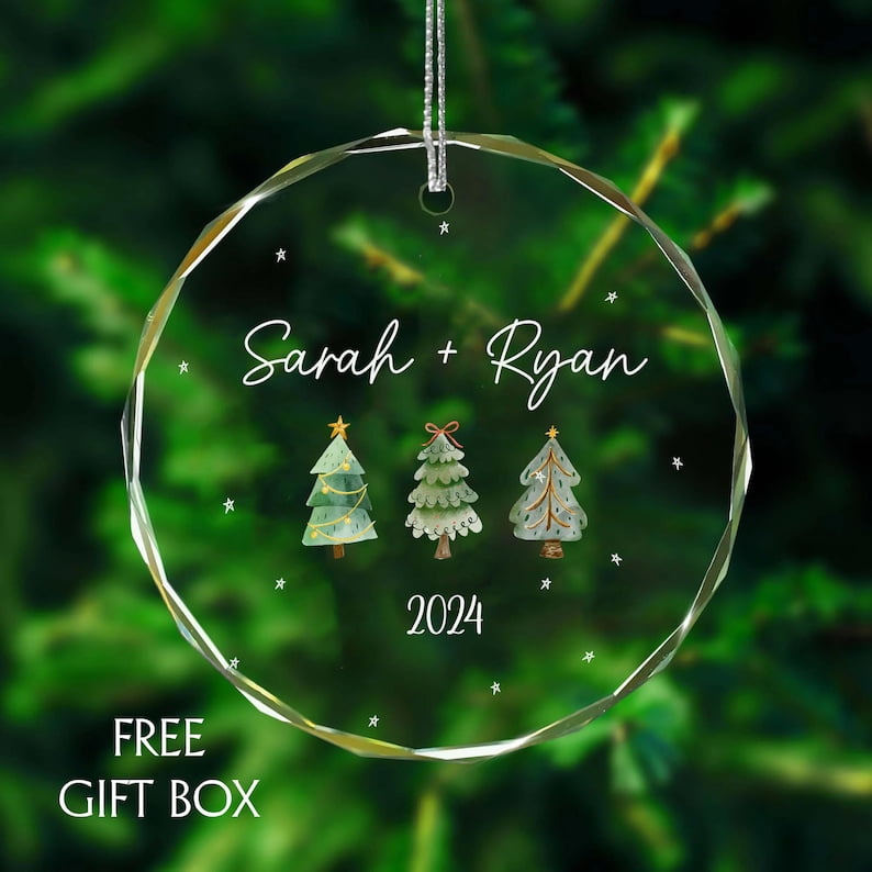 Personalized Couple Glass Christmas Ornament with Custom Names and Year, First Holiday Together Keepsake, Christmas Tree Decor and Romantic Gift for Partners