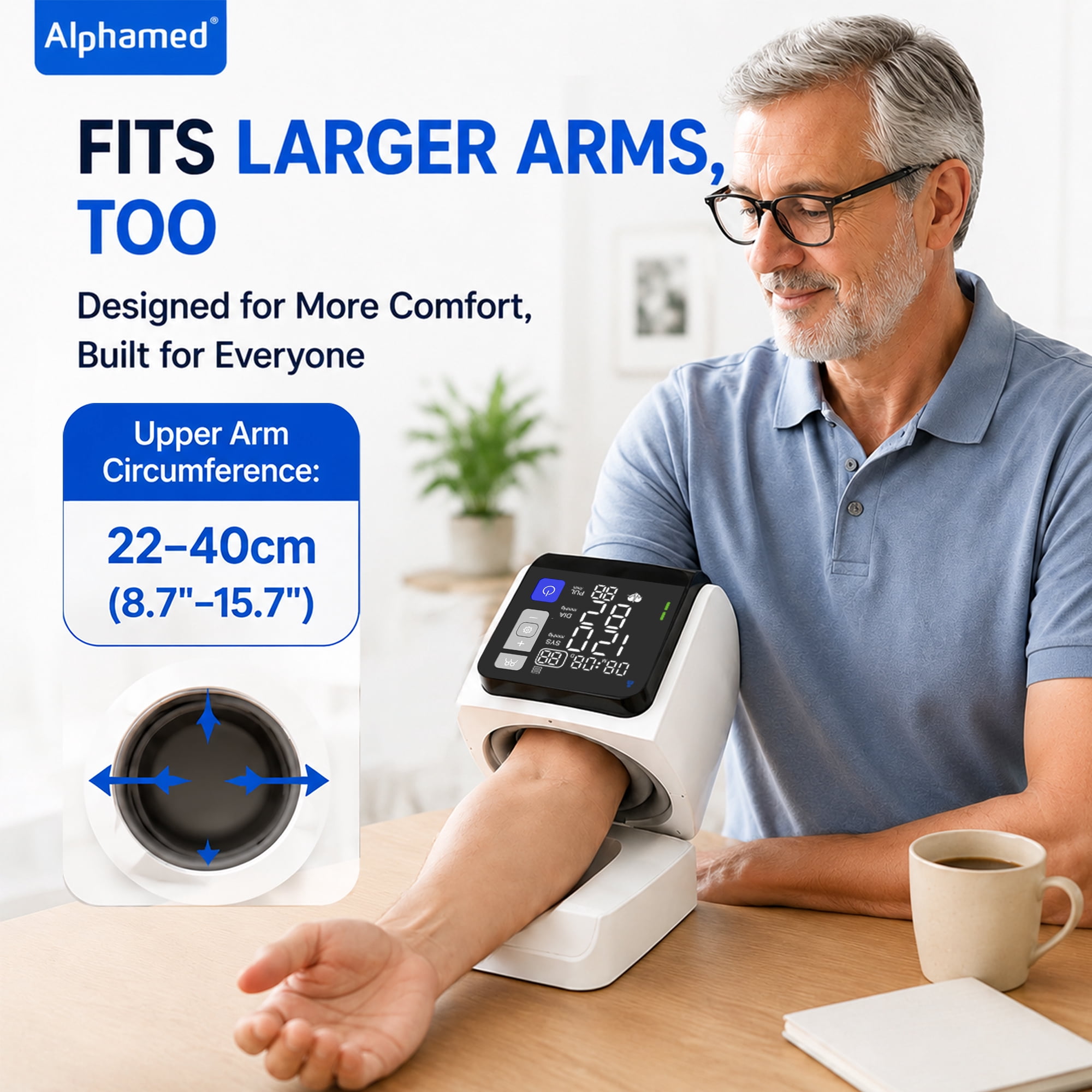 Alphamed Upper Arm Blood Pressure Monitor, Automatic Digital BP Machine, No Arm Wrap Design, Large LED Display, One-Button Use for Home & Seniors
