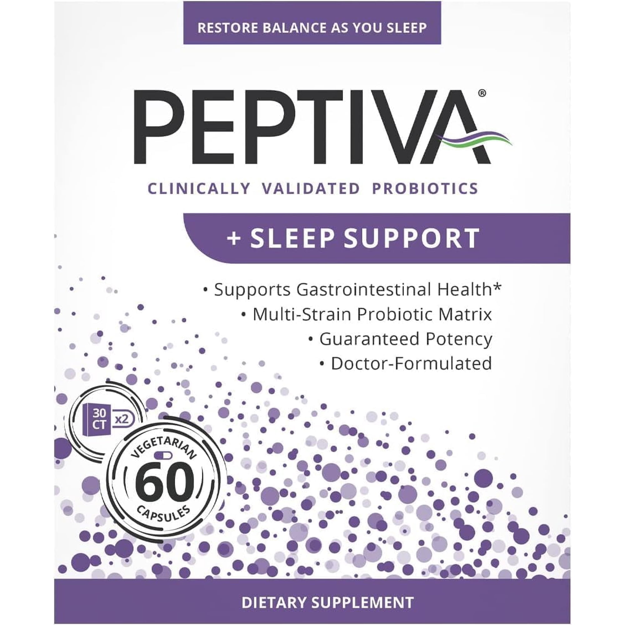 Peptiva 26 Billion CFU Probiotic and Sleep Support - Clinically Validated Multi-Strain Probiotic - Lactobacillus and Bifidobacterium, Melatonin - 60 Count