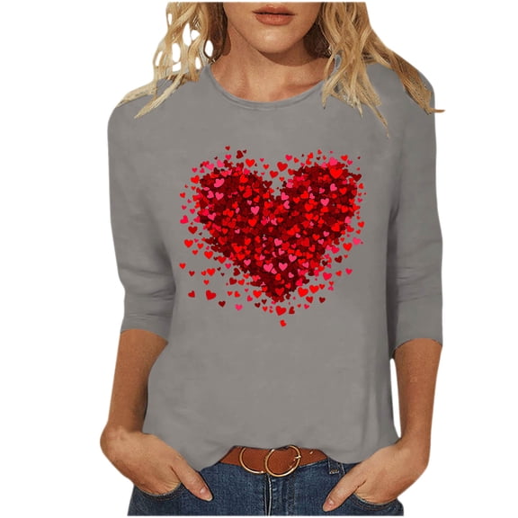 asdoklhq Love Heart Print T-Shirt Women Day Printed 3/4 Sleeve Crew Neck Fashion Pullover Tops T-Shirt Gray M