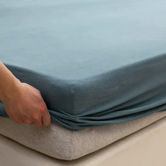 PURE ERA Jersey Knit Cotton Fitted Bottom Sheet ONLY Deep Pocket Up to 15" to 20" Ultra Soft Comfy Breathable Cerulean Blue Queen