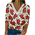 thumbnail image 1 of Fall Christmas Printed Tops for Women Crochet Lace Trim V Neck T Shirts Casual Loose Pullover Tee Shirts Tunic Blouses, 1 of 5