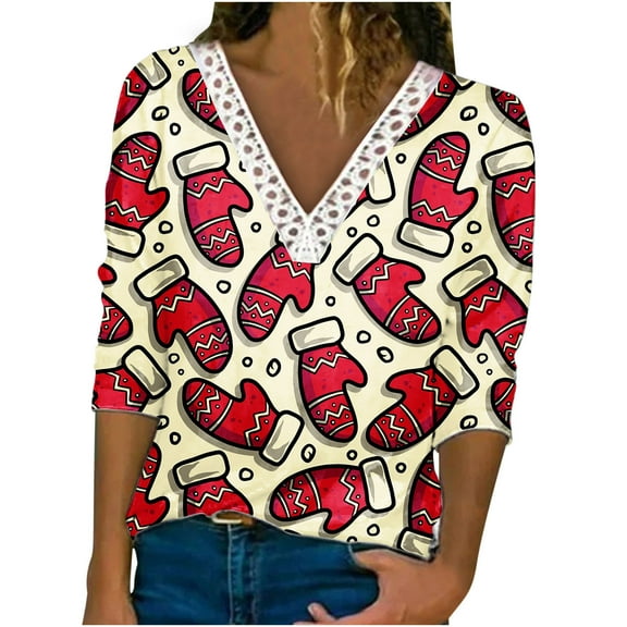 Fall Christmas Printed Tops for Women Crochet Lace Trim V Neck T Shirts Casual Loose Pullover Tee Shirts Tunic Blouses