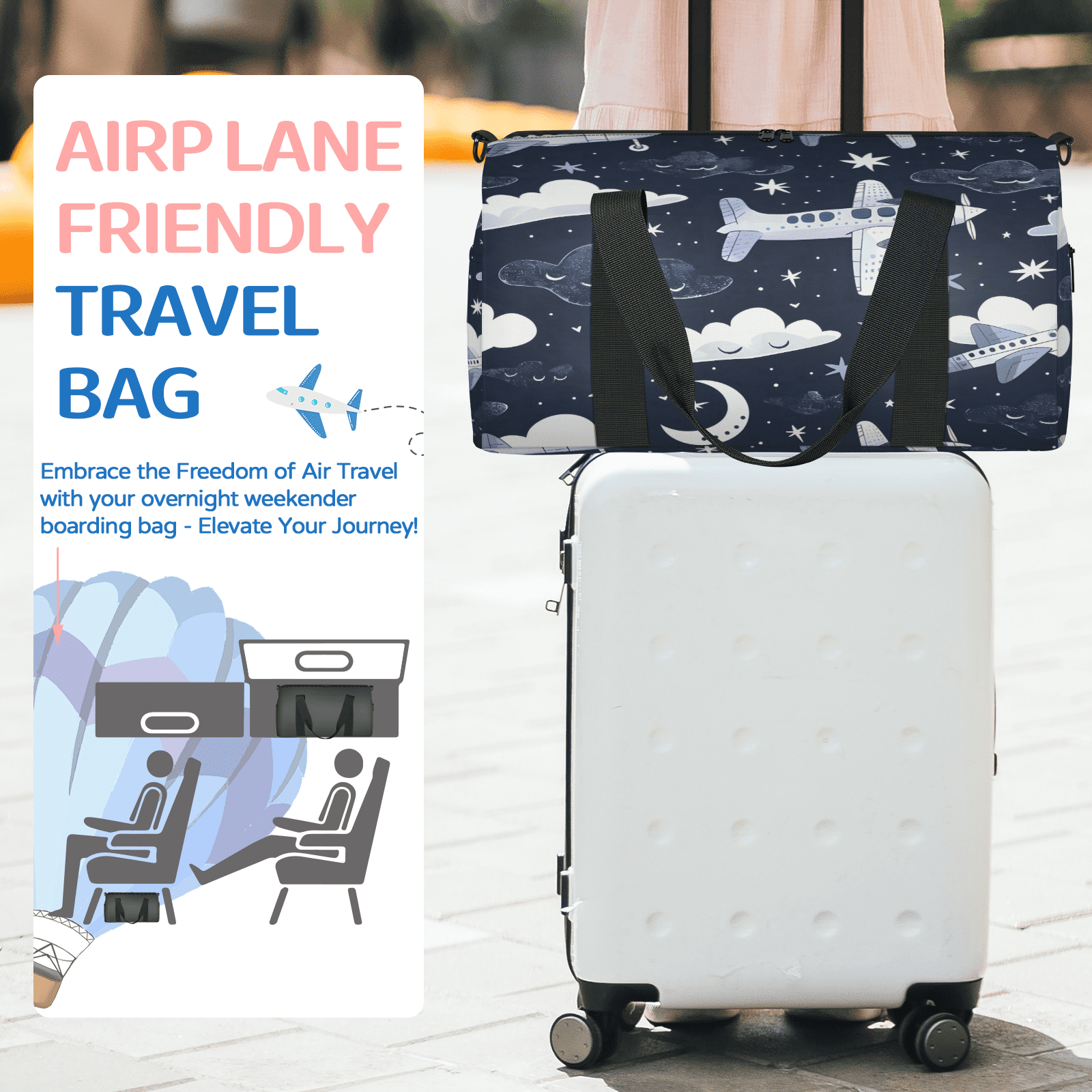 Herdesigns Aircraft Airplane Travel Duffle Bag Sports Yoga Weekender Overnight Carry on Workout Bags Lightweight Waterproof Gym Tote Bag for Women